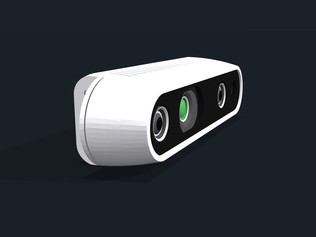 Simulation render of an Intel RealSense D435i depth camera seen from the front, showing its lenses.