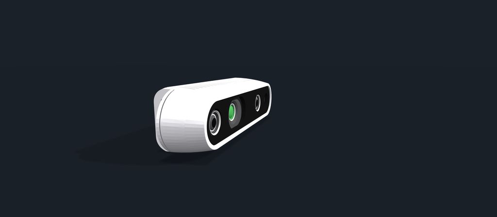 렌즈가 보이도록 정면에서 본 Intel RealSense D435i 깊이 카메라의 시뮬레이션 렌더링.