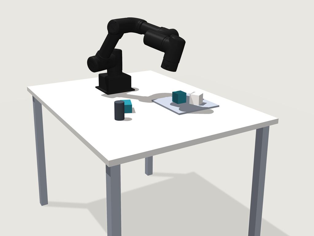 테스트용 물체가 놓인 실험 테이블 위의 ROBOTIS OMY 협동로봇 팔 시뮬레이션 렌더링.