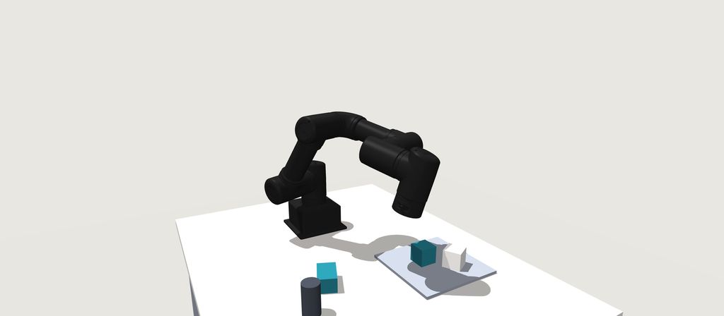 테스트용 물체가 놓인 실험 테이블 위의 ROBOTIS OMY 협동로봇 팔 시뮬레이션 렌더링.