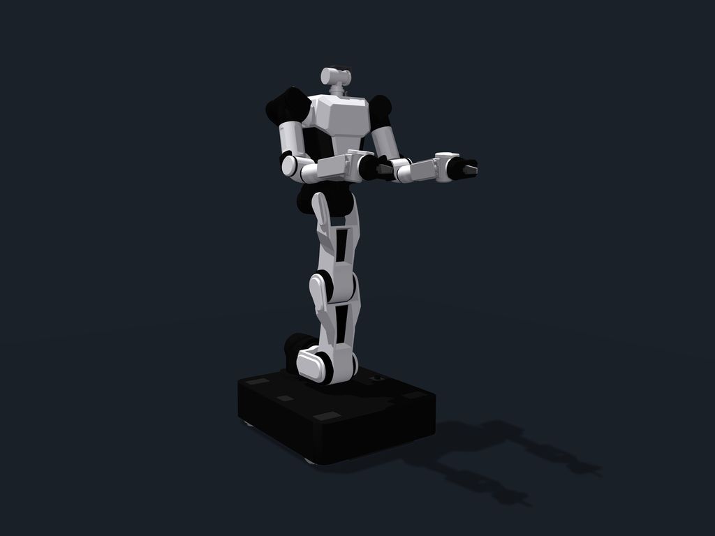 Simulation render of the Rainbow Robotics RB-Y1, a wheeled mobile manipulator with two arms and a torso.
